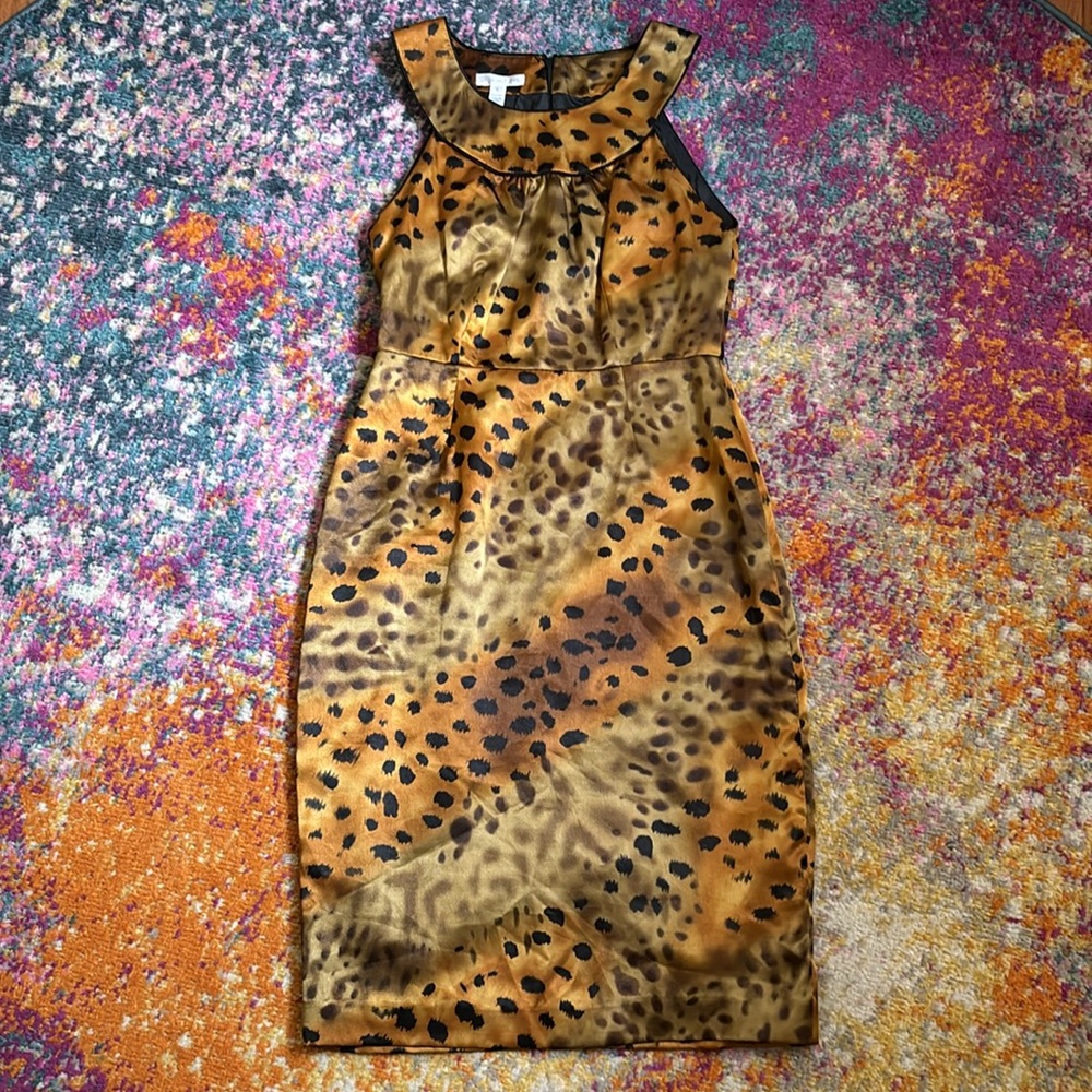LONDON TIMES Gold Leopard Animal Print Satin Sheath Cocktail Party Midi Dress